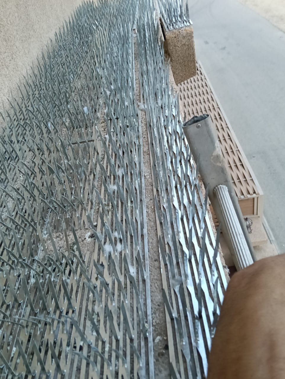 حواجز معدنية على حواف حجرية بجوار واجهة مبنى
