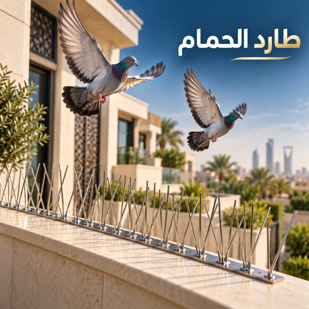 تصميم توضيحي لطارد الحمام بأشواك على حافة خارجية بجوار فيلا