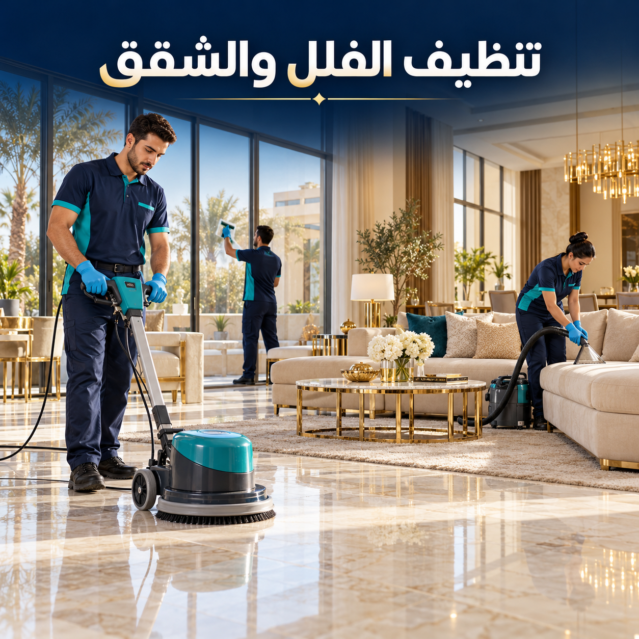 تصميم توضيحي لتنظيف الفلل والشقق يشمل الأرضيات والكنب والزجاج
